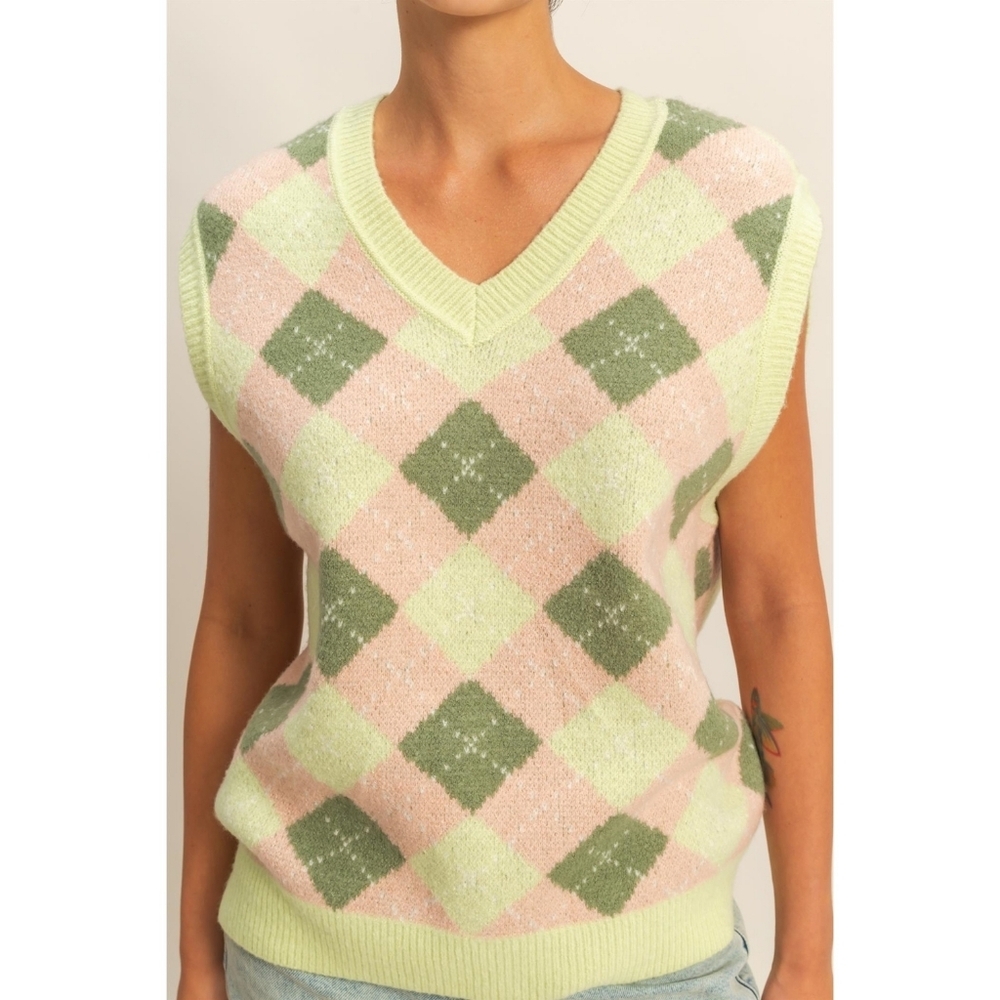HYFYV Olive and Blush Argyle Sweater Tennis Vest